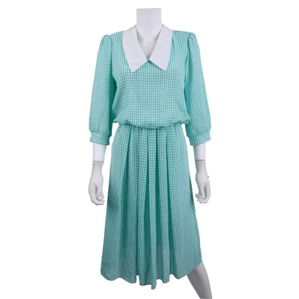 Vintage Breli Originals Womans Dress Size 10 blue Green Gingham Check Peter pan